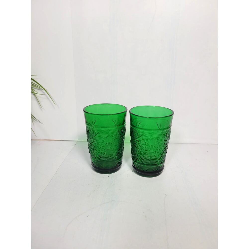 Vintage Anchor Hocking Forest Green Sandwich Glass Juice Water Tumbler Set of 2